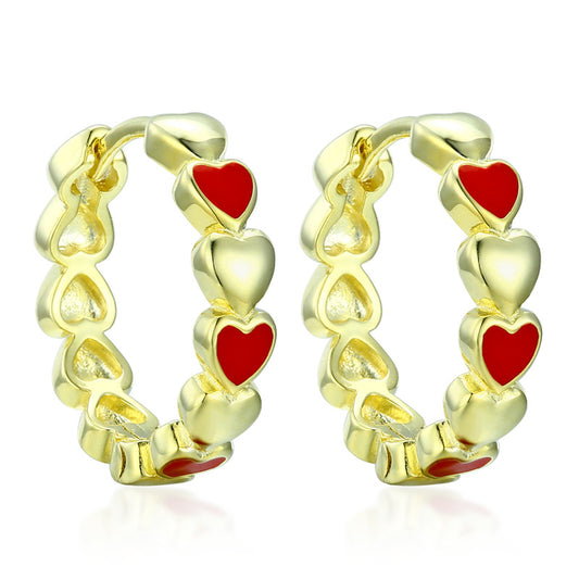 Red and Golden Heart Sterling Silver Hoop Earrings