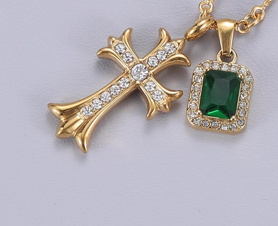 Planderful Jewelry Emerald Zircon Cross Necklace For Men And Women In Titanium Steel Hip Hop Chain