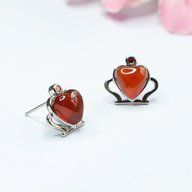 Orange Garnet Heart Crown 925 Silver Stud Earrings