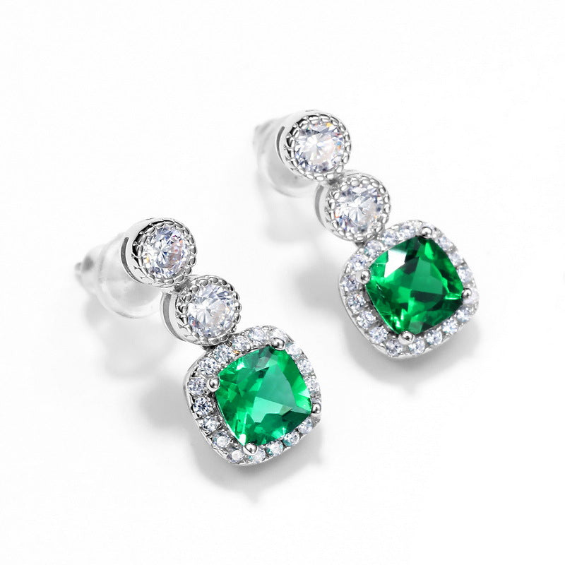 S925 Sterling Silver Lab-Grown Emerald Geometric Stud Earrings