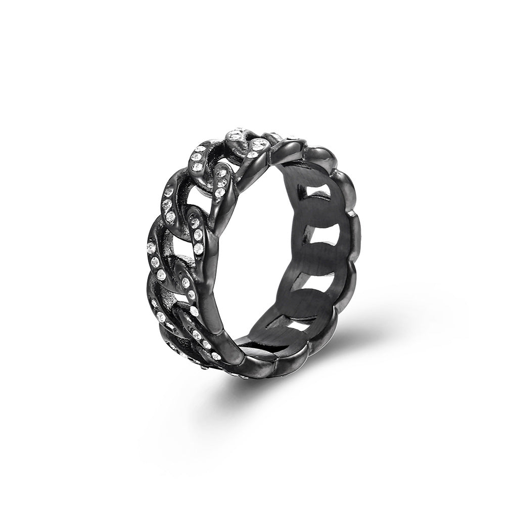Titanium Steel Cuban Chain Sticky Zircon Ring for Men