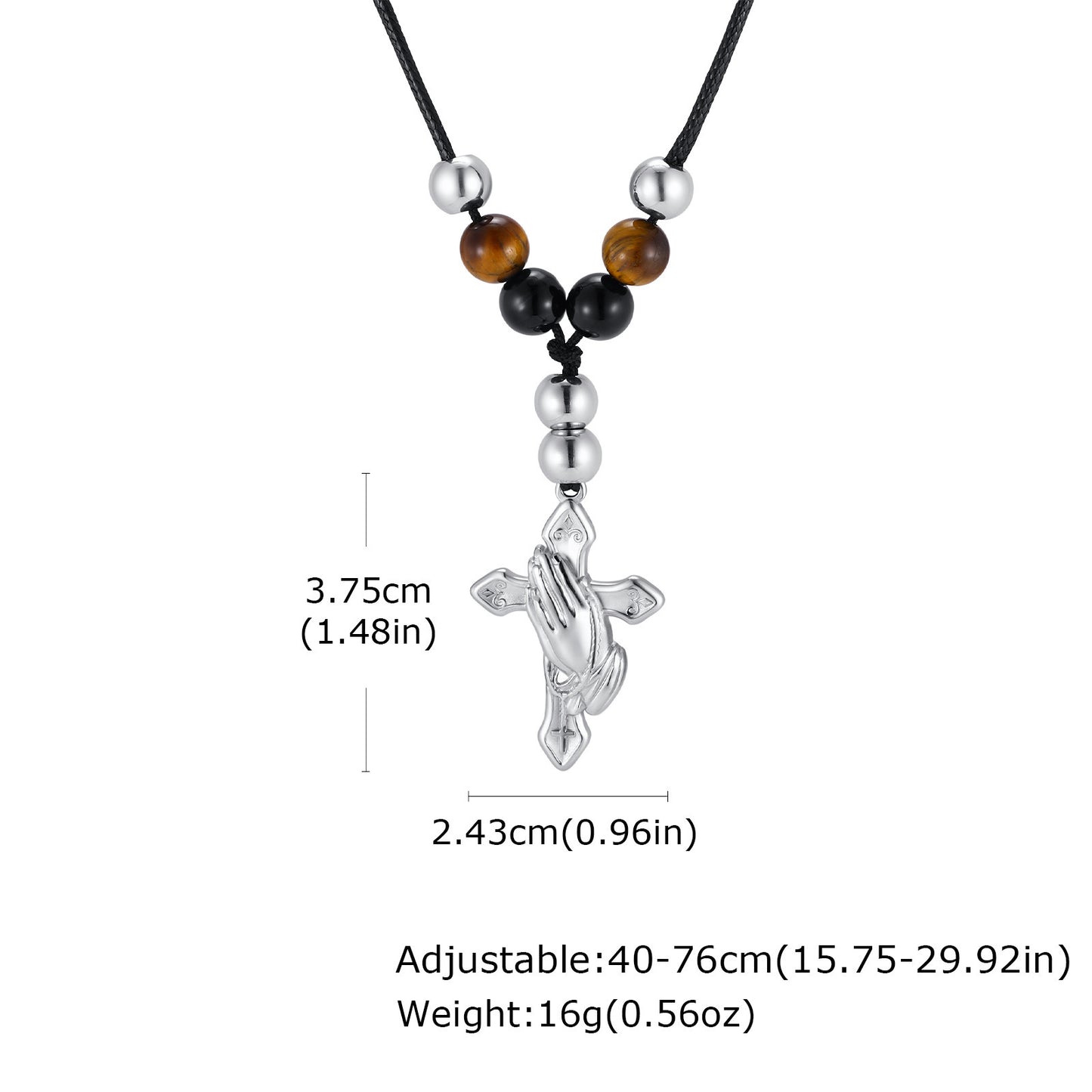 Stainless Steel Cross Agate Tiger's Eye Stone Beaded Adjustable Necklace