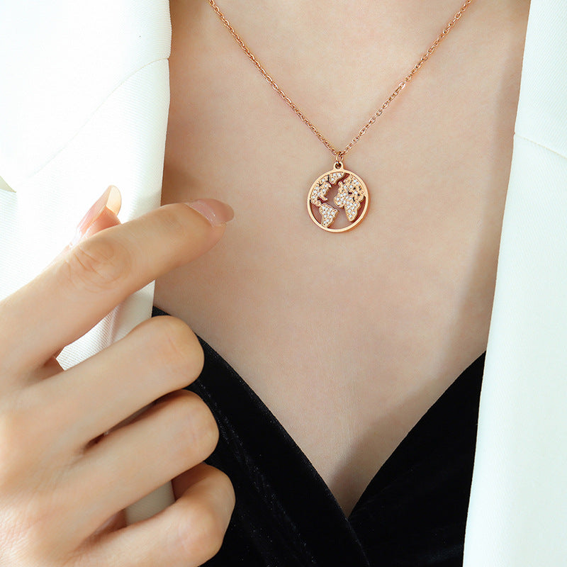 French Elegance Jewelry Set with Zircon Map Necklace, Rose Gold Finish - Ideal for Valentine's Day Gift