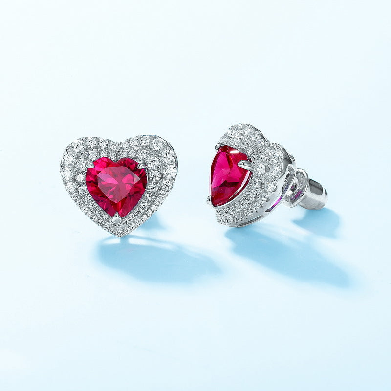 S925 Sterling Silver Lab-Grown Ruby & Zircon Heart Stud Earrings