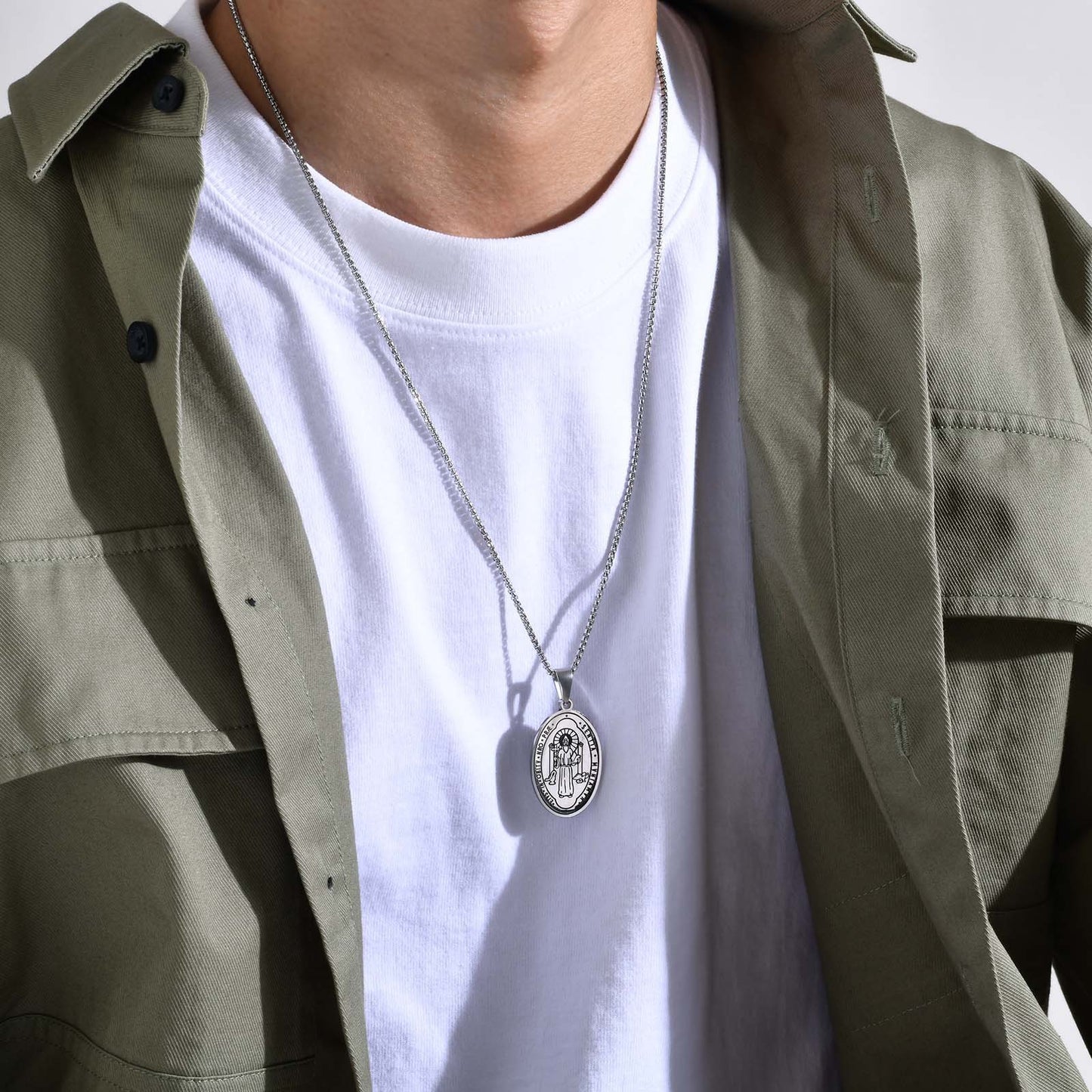 European And American Jewelry Wholesale Necklace Stainless Steel Double-Sided St Benedict Oval Pendant For Men