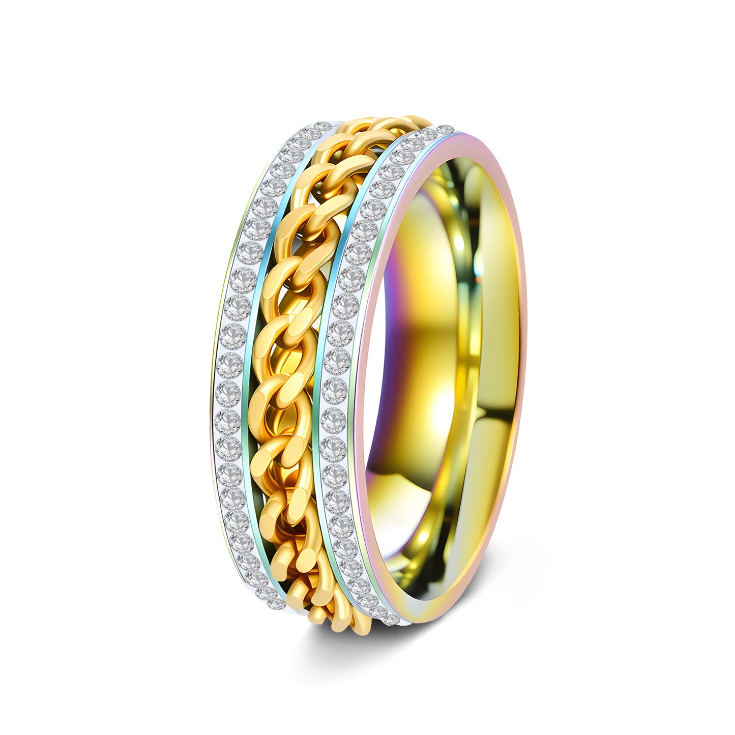 Planderful Everyday Genie Stainless Steel Rotatable Chain Double Row Zircon Couple Ring For Unisex