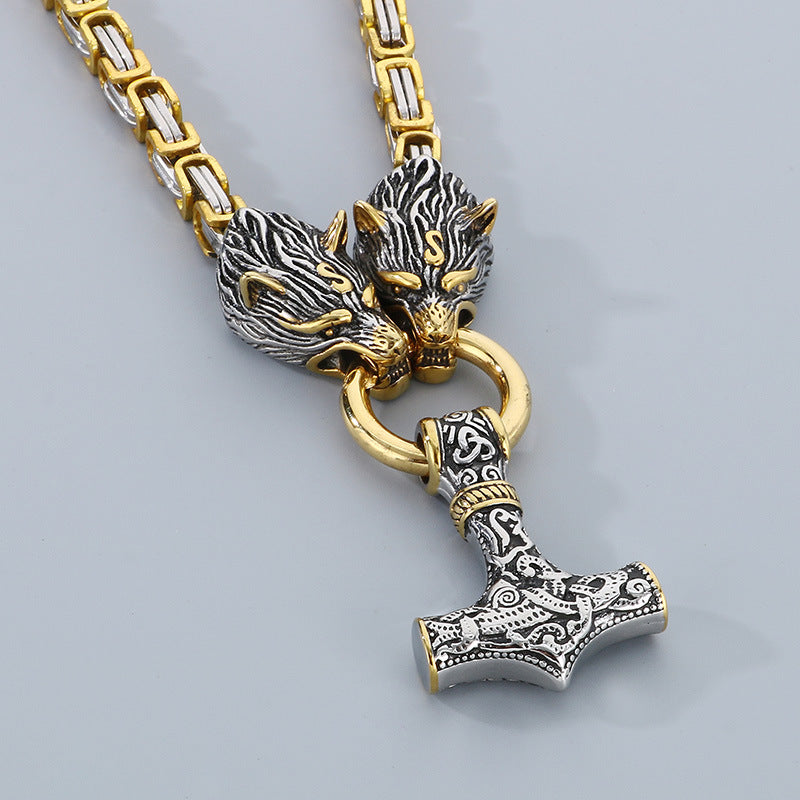 Viking Wolf Head Pendant Necklace with Thor's Hammer Stainless Steel Chain for Men