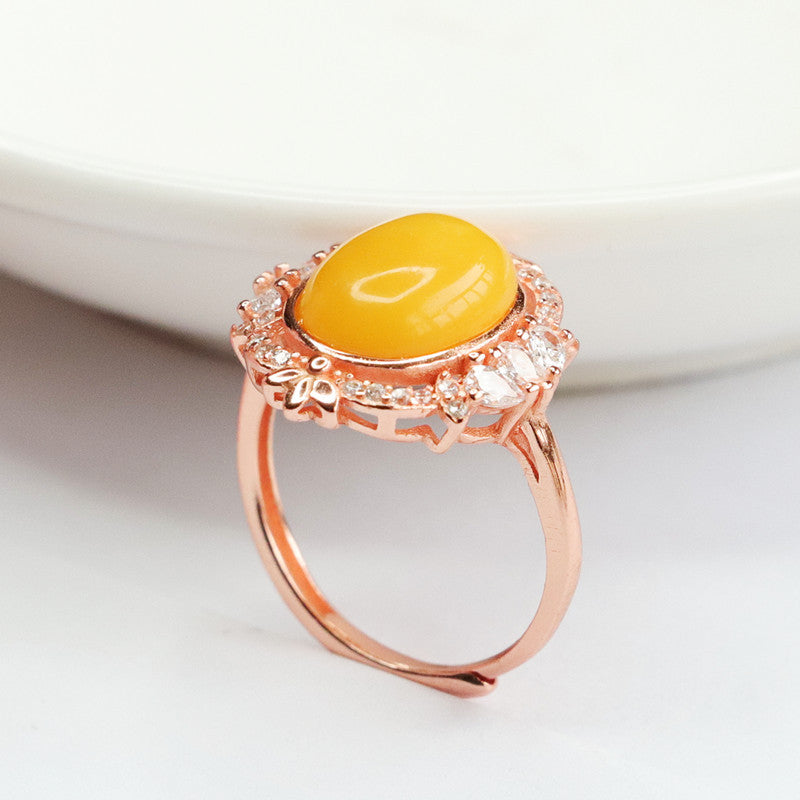 Sterling Silver Adjustable Yellow Beeswax Amber Zircon Ring