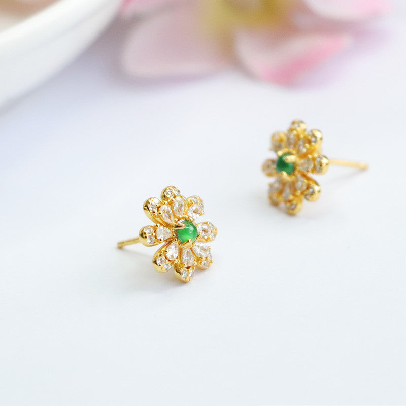 Icy Green Jadeite Eight-Petal Flower Stud Earrings