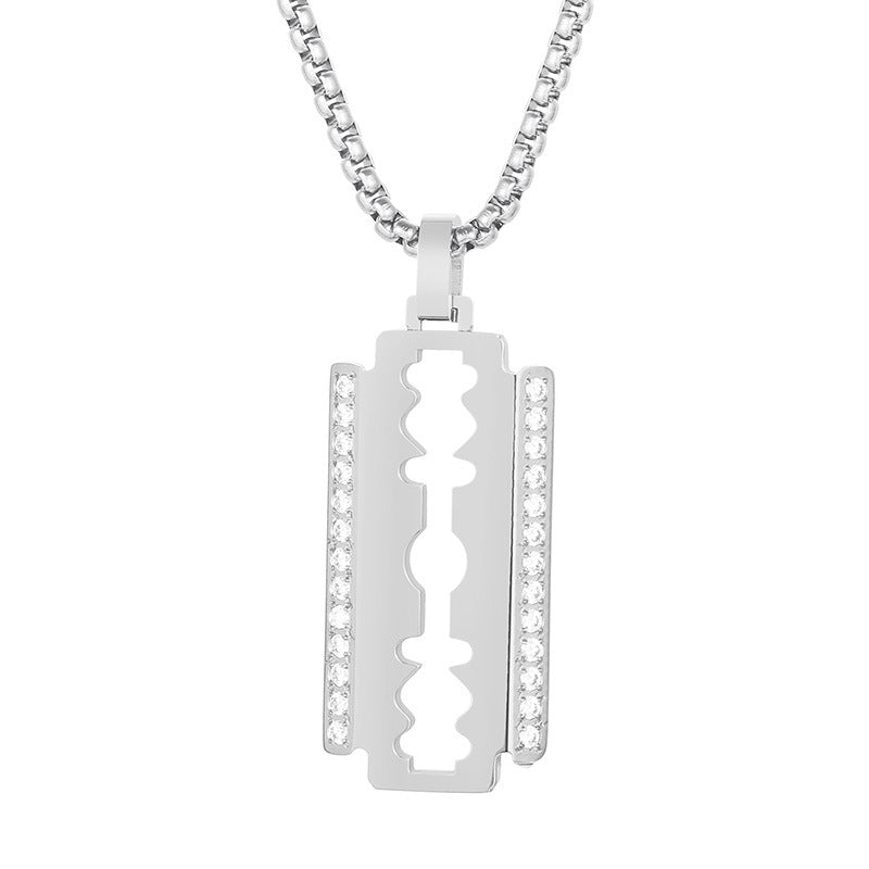 Hip Hop, Rock Street Vacuum Plated Cnc Inlaid Zircon Blade Square Pearl Titanium Necklace