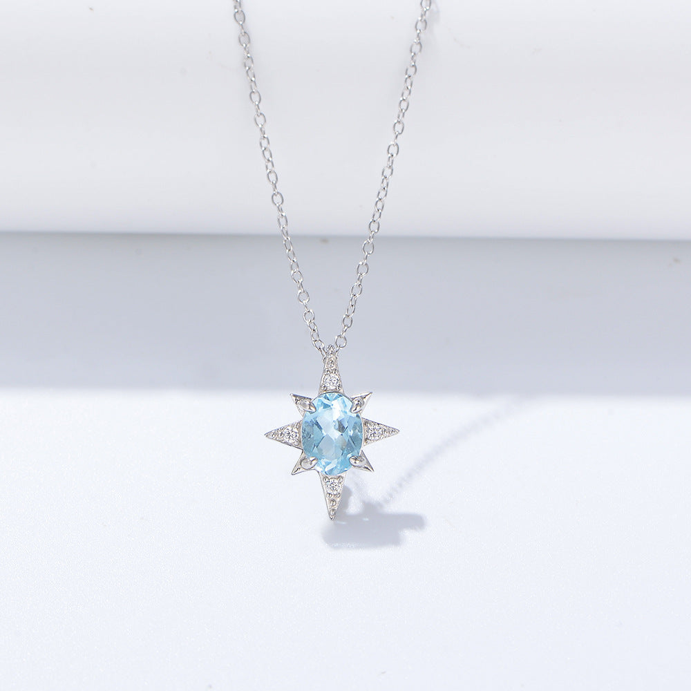 S925 Sterling Silver Eight-Pointed Star Pendant, Japanese Minimalist Sky Blue Natural Topaz Necklace Trendy