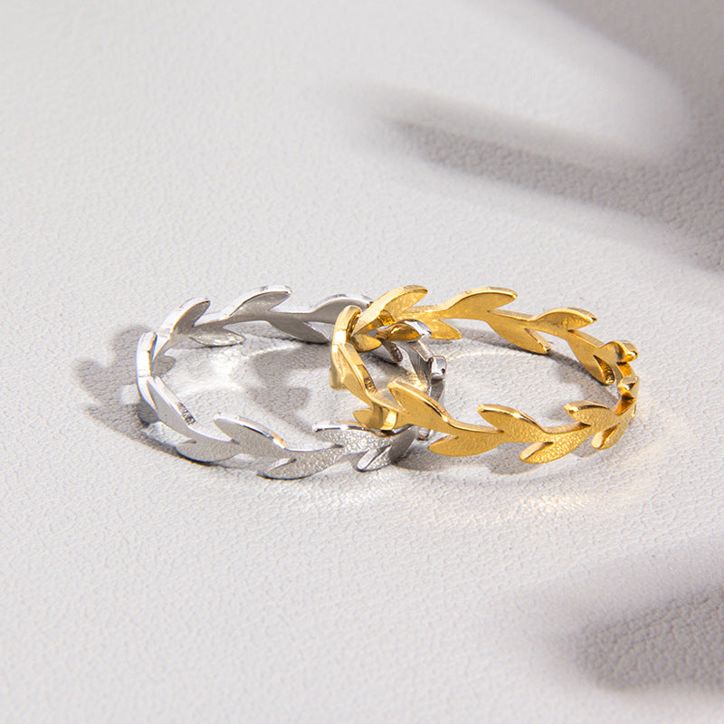 Chic Titanium Steel Ring with Olive Branch Design - Size 6-12