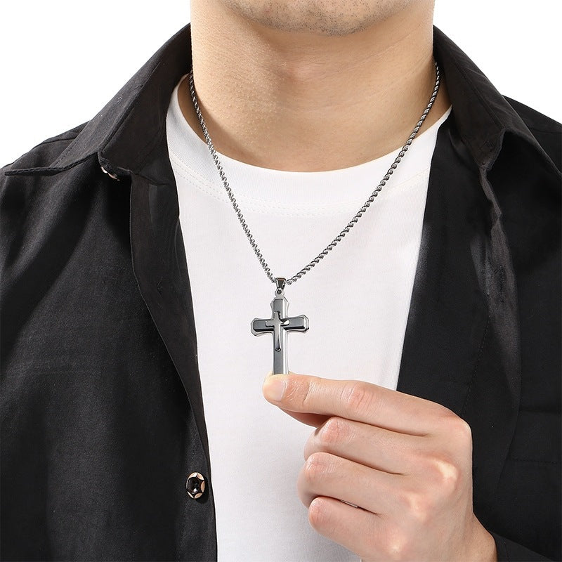Style Three-Layer Three-Dimensional Cross Pendant, Titanium Steel Black Steel Contrasting Color Necklace, Men's