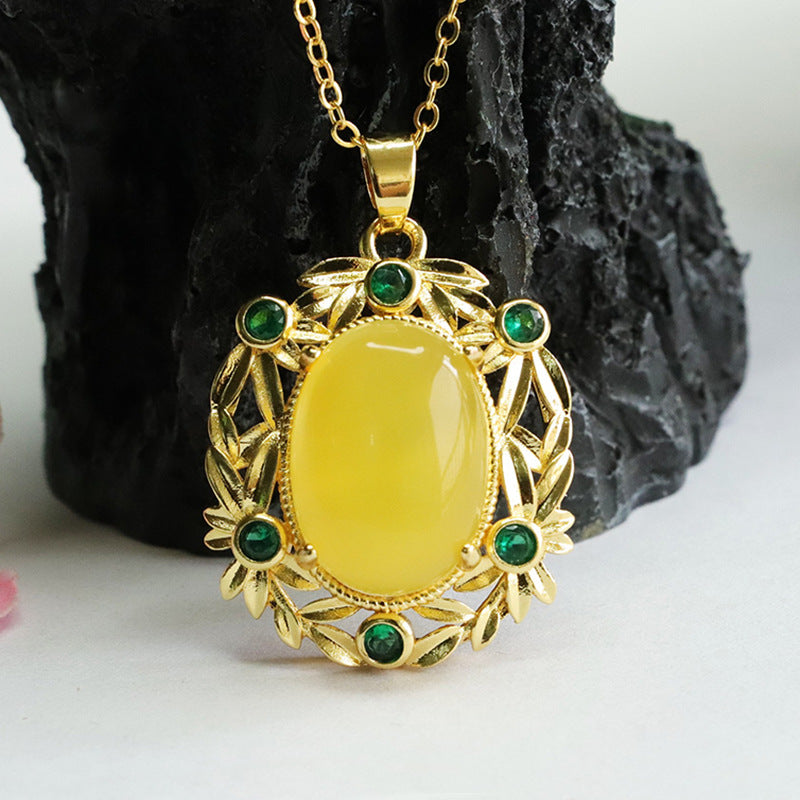 Amber Honey Wax Pendant with Zircon Leaf Detail Necklace