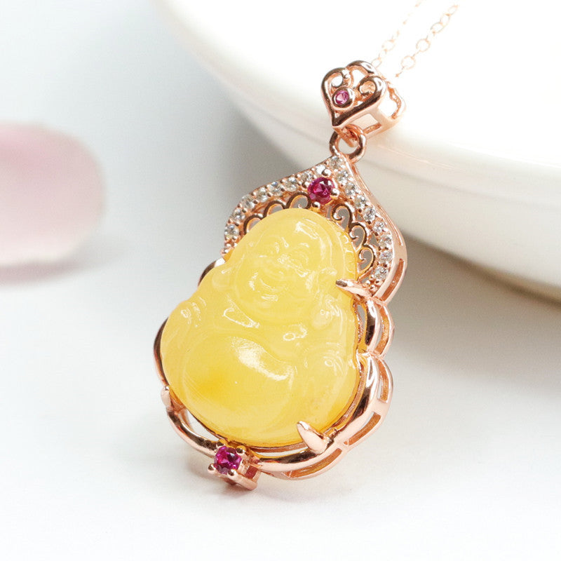 Golden Buddha Pendant Necklace with Amber Gemstones and Zircon Accents