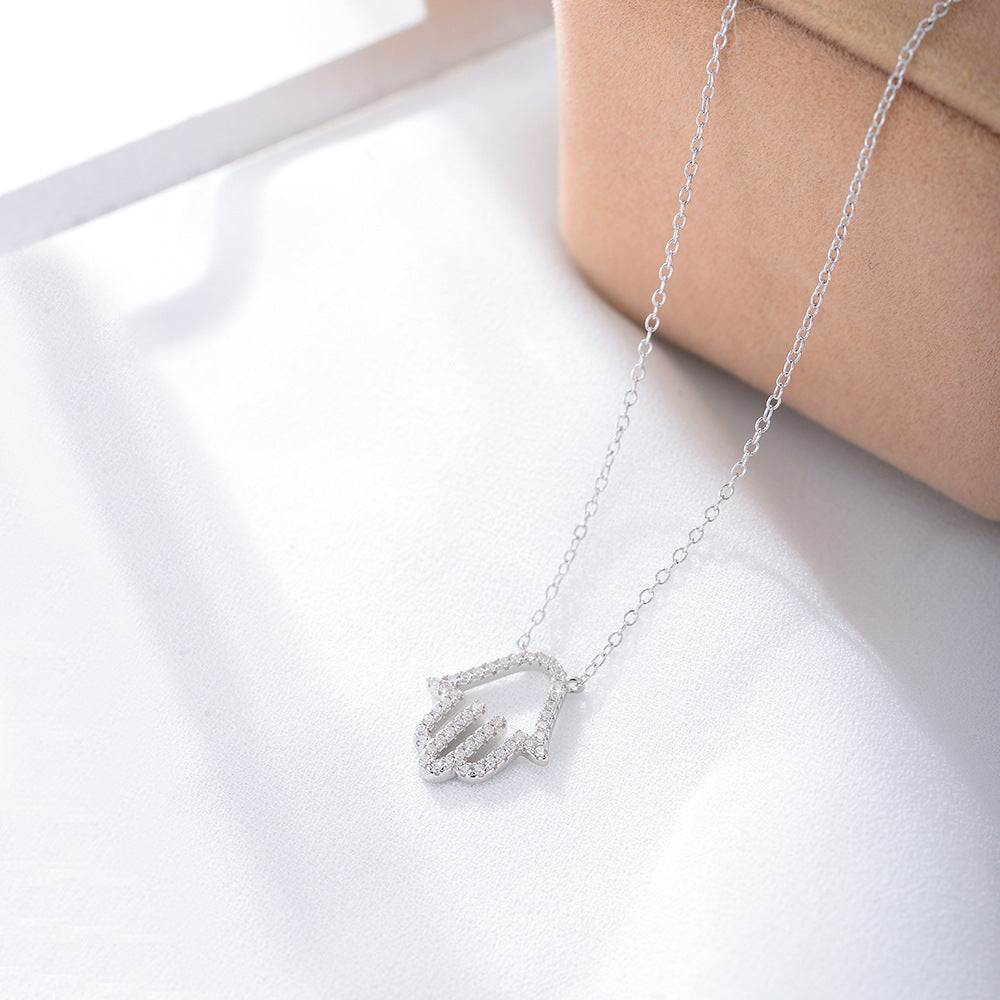 S925 Sterling Silver Micro-Inlaid Zircon Flash Hollow Palm Pendant Necklace Explosive Products