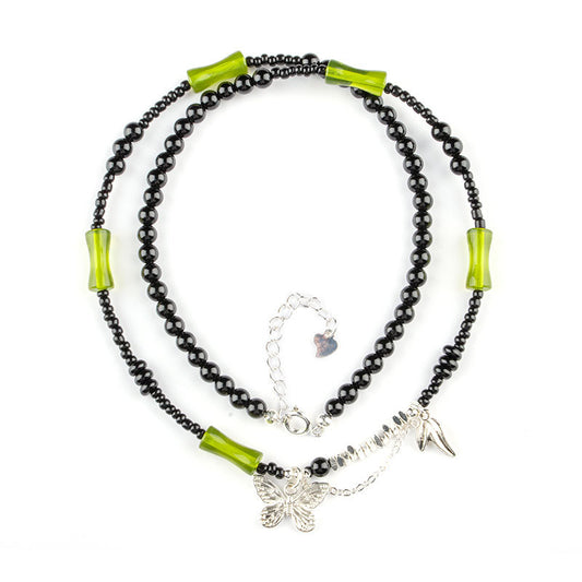 Fortune's Favor Sterling Silver Agate Necklace with Black Onyx and Green Bamboo Leaf Butterfly Pendant