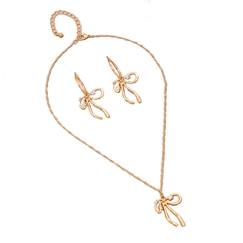 Elegant Bow Necklace and Earrings Set with European Charm and Metal Irregularity