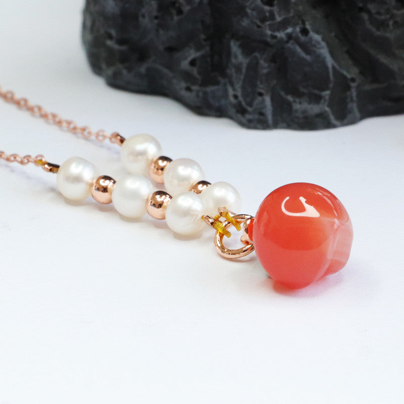 Sterling Silver Agate Peach Pendant Necklace with Pearl Beads
