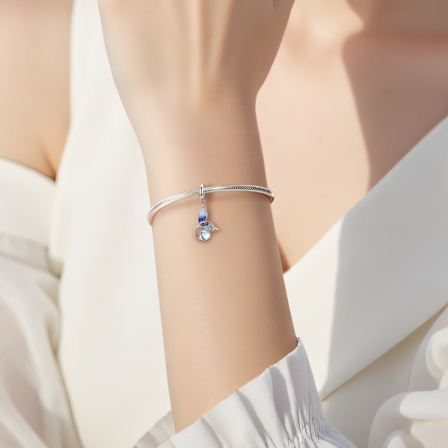 Planderful Jewelry Moonstone Pendant In Sterling Silver With Blue Zircon Beaded Fishtail Necklace