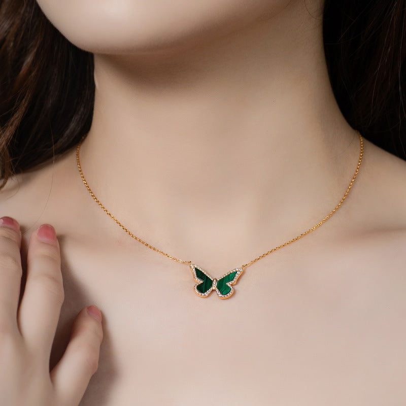 Zircon Malachite Butterfly Pendant Sterling Silver Necklace