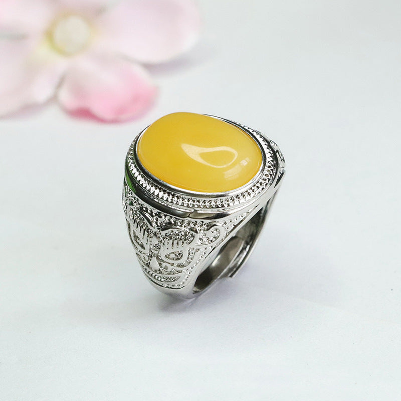 Amber Beeswax Oval Ring with Wide Retro Design