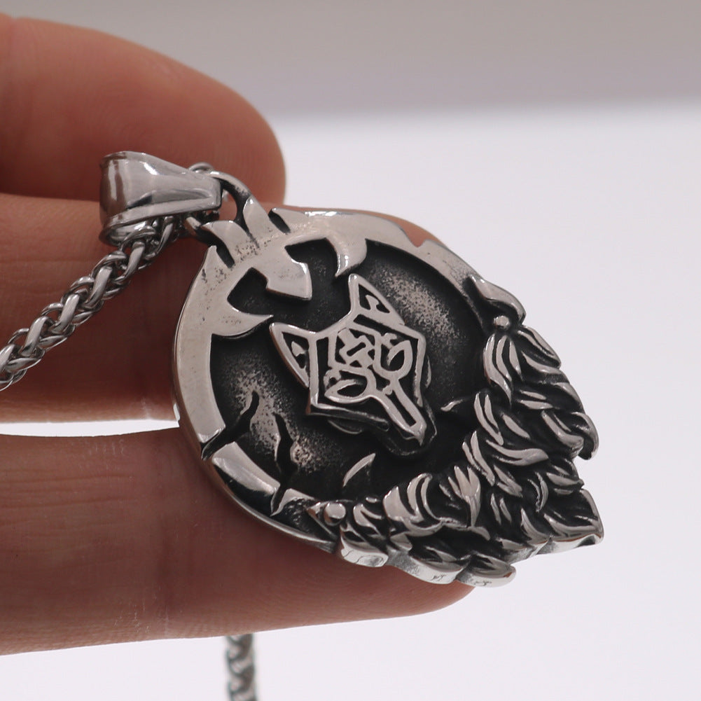 Nordic Myth Rune Necklace with Viking Odin Wolf Head Pendant for Men