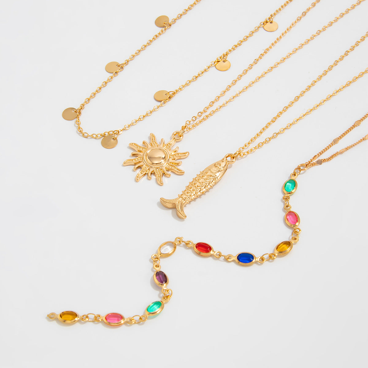 Coastal Fish, Crystal & Sun Layered Necklace