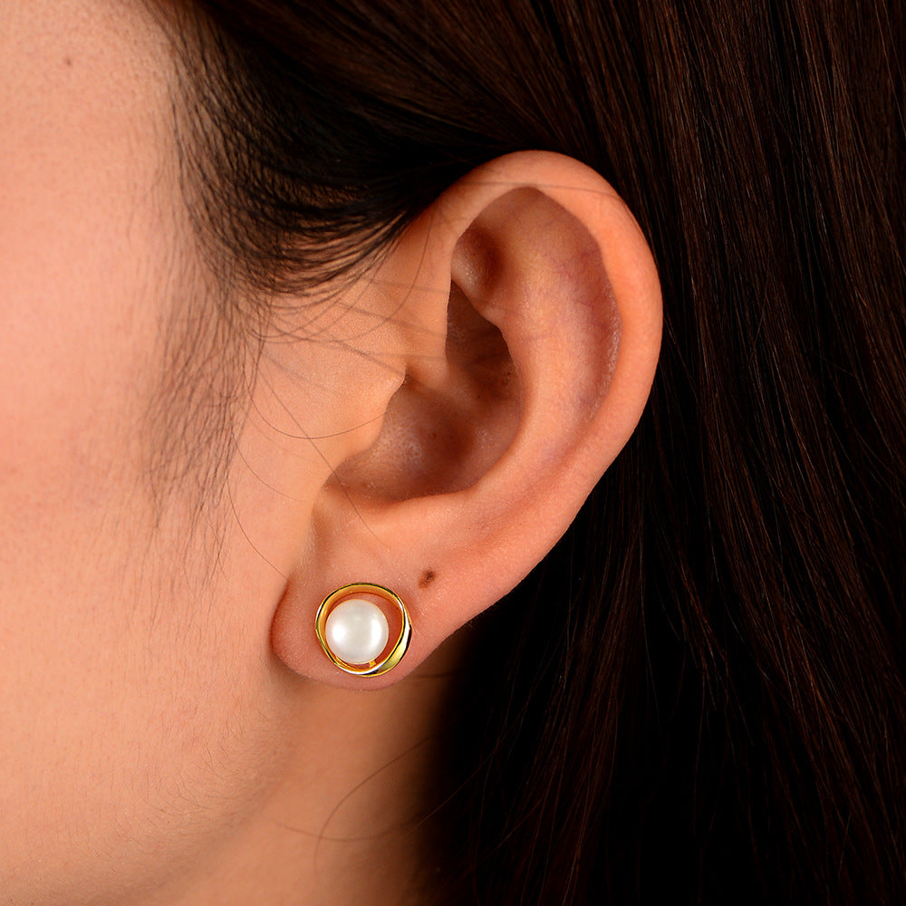 Planderful Natural French Round Pearl Stud Earrings In Sterling Silver For Women Versatile Elegant Everyday Accessory