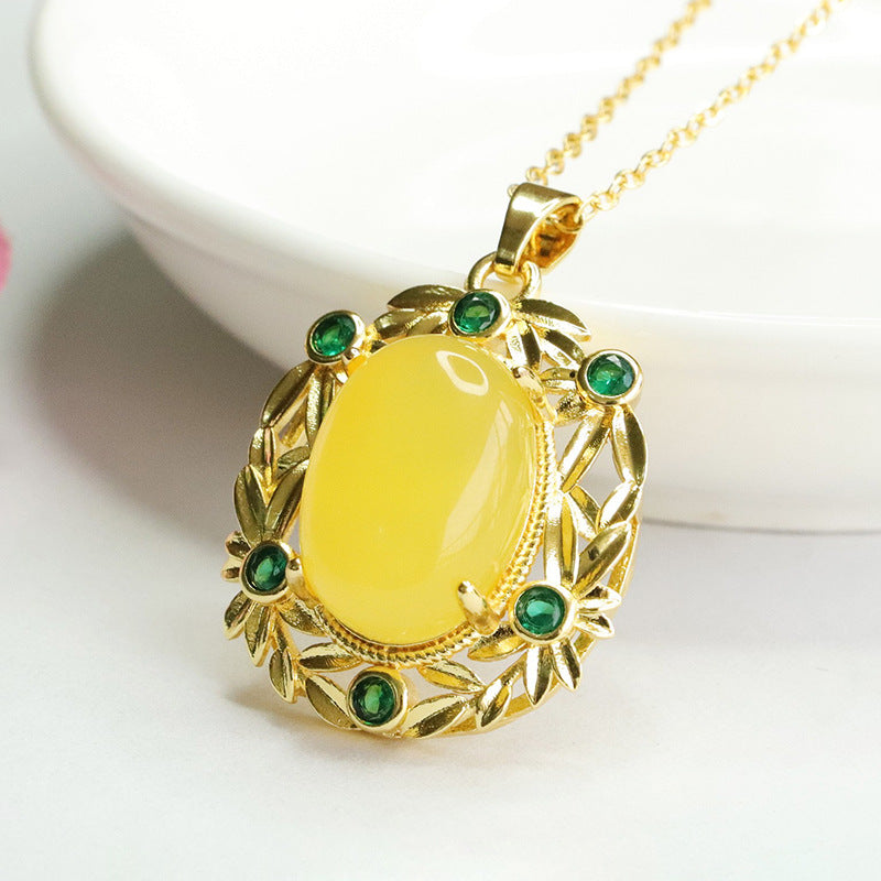 Amber Honey Wax Pendant with Zircon Leaf Detail Necklace