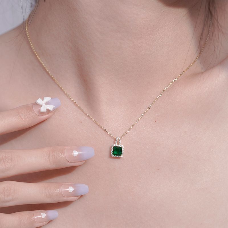 Soleste Halo Square Emerald Green Zircon Silver Necklace