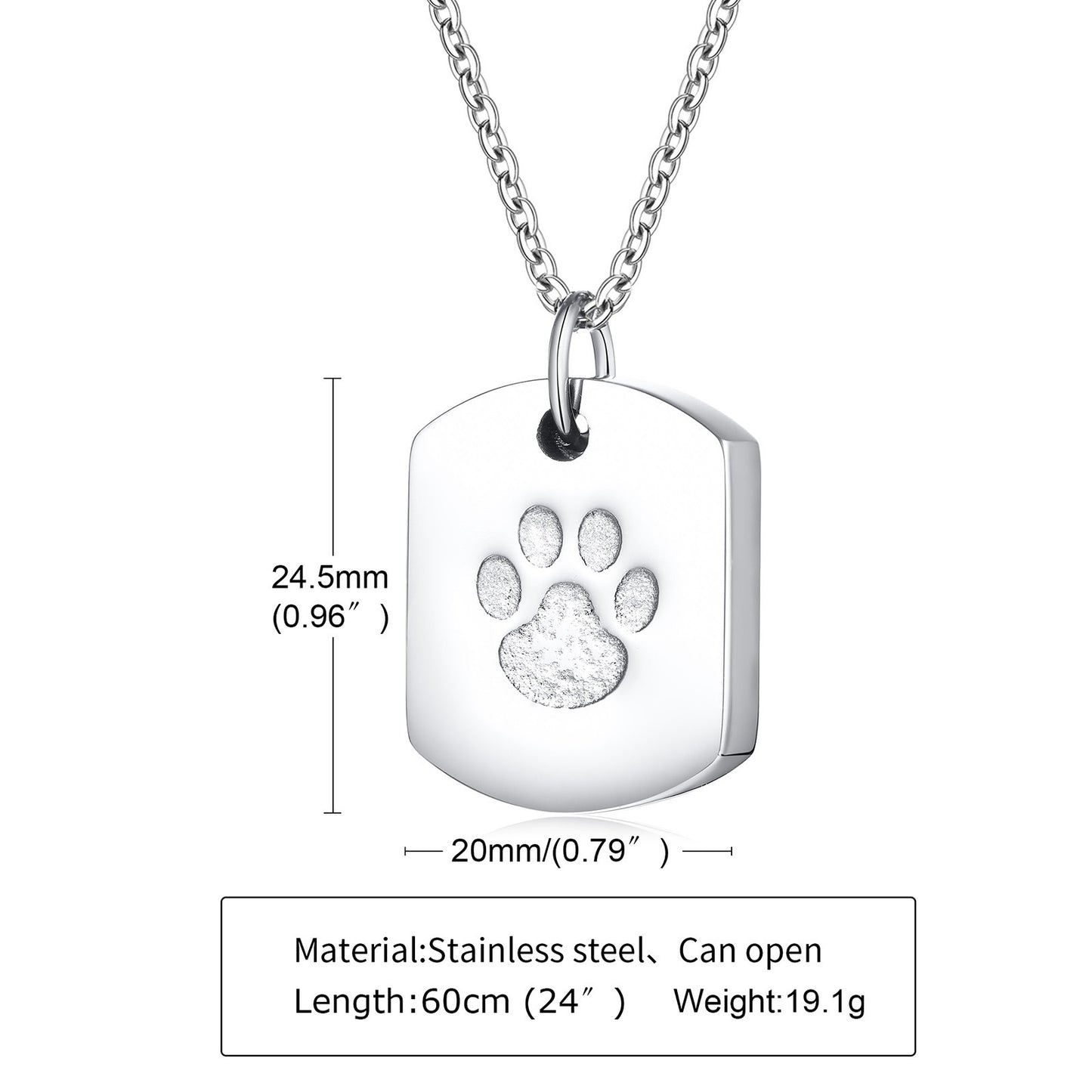 Stainless Steel Dog Paw Urn Openable Pendant Black Necklace