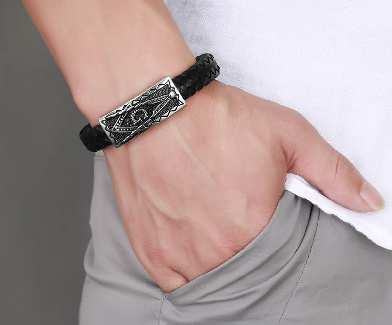 Freemasonry Leather Bracelet Titanium Steel Punk Stainless Steel
