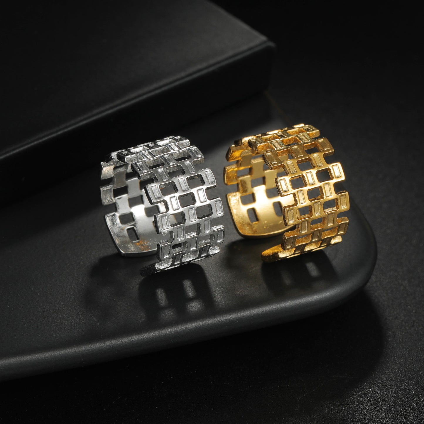 Stainless Steel Ring Geometric Hollow Design Gold Plated Adjustable Unisex Everyday Genie By Planderful Collection