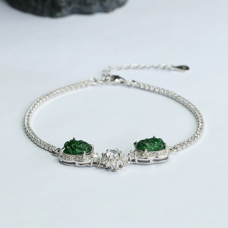 Emperor Green Pixiu Sterling Silver Bracelet with Natural Jade