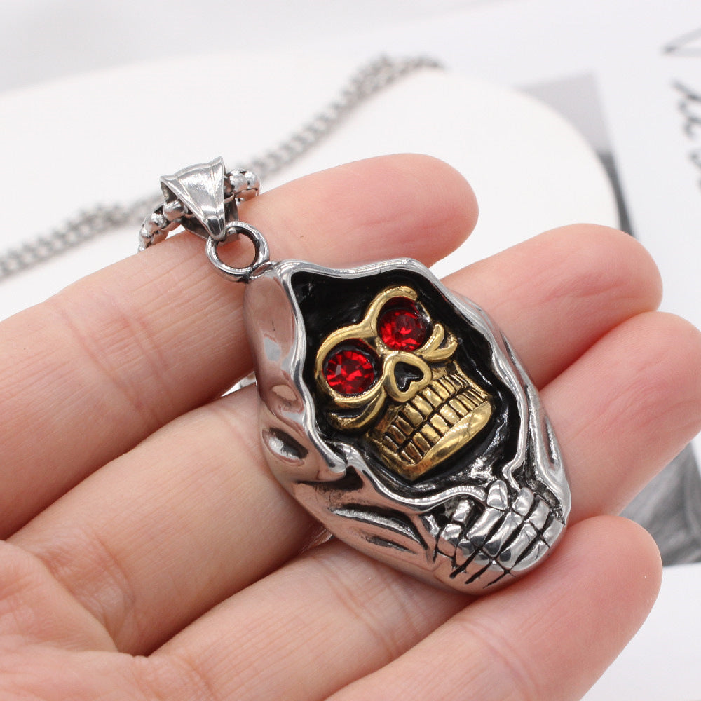 Halloween Red Zircon Golden Skull Wizard Titanium Steel Pendant for Men