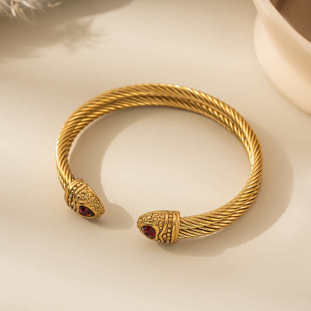 Planderful Unisex Stainless Steel Double Layer Twisted Wire Bracelet Red Zircon Gold Snake Head Clasp