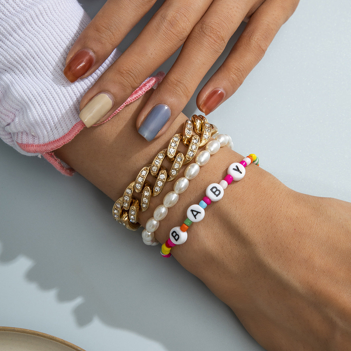 Planderful Vienna Verve Pearl Letter Bracelet For Women With Imitation Pearl And Zircon Cuban Statement Beaded Chain