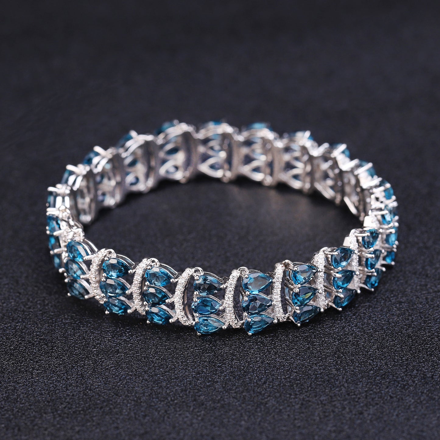 Three Row of Pear Shape Natural Blue Topaz Silver Bracelet