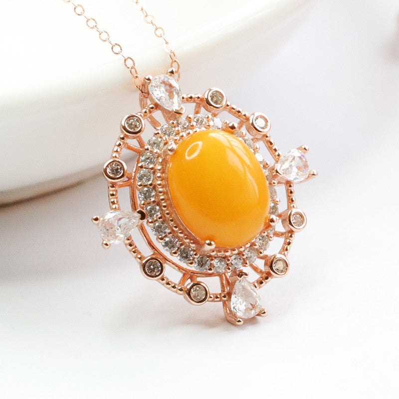 Hollow Rose Gold Necklace with Beeswax Amber Pendant and Zircon Detail on Sterling Silver Chain