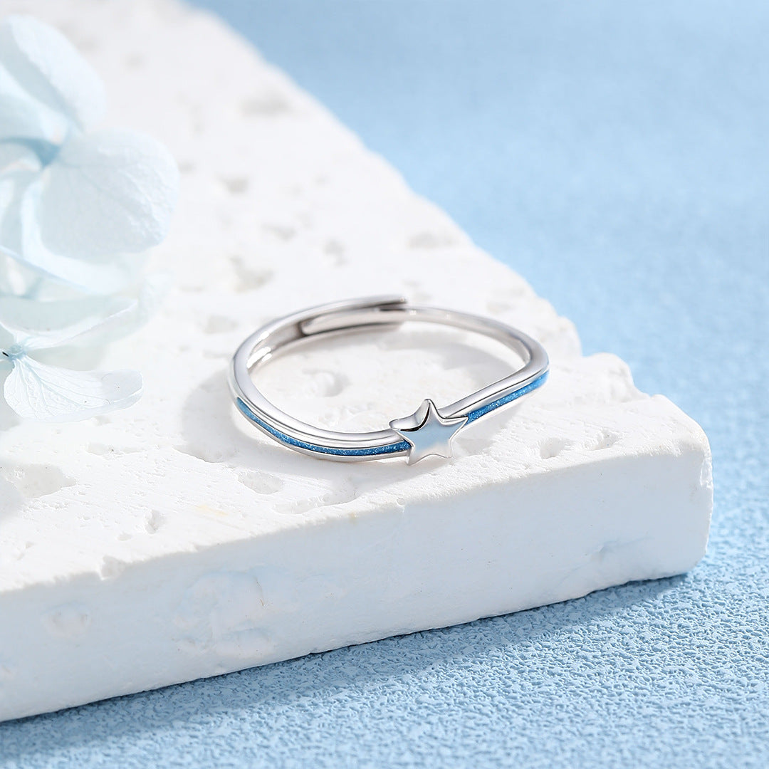 Planderful S925 Silver Blue Star Open Ring Women Adjustable