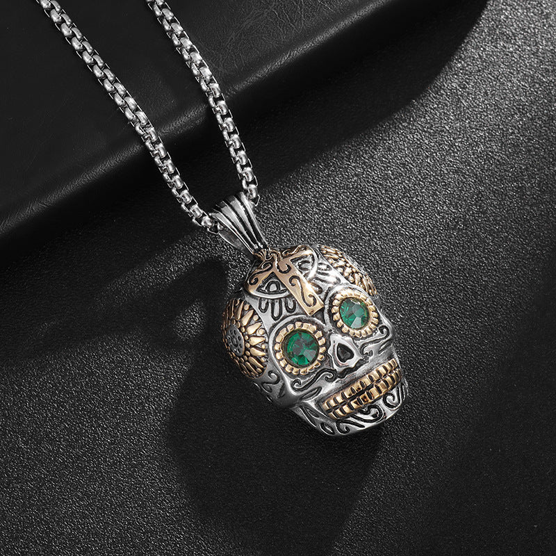 Planderful Skull Pendant Necklace Stainless Steel Gold Plated Blue Green Eyes Punk Jewelry For Boho Rockers