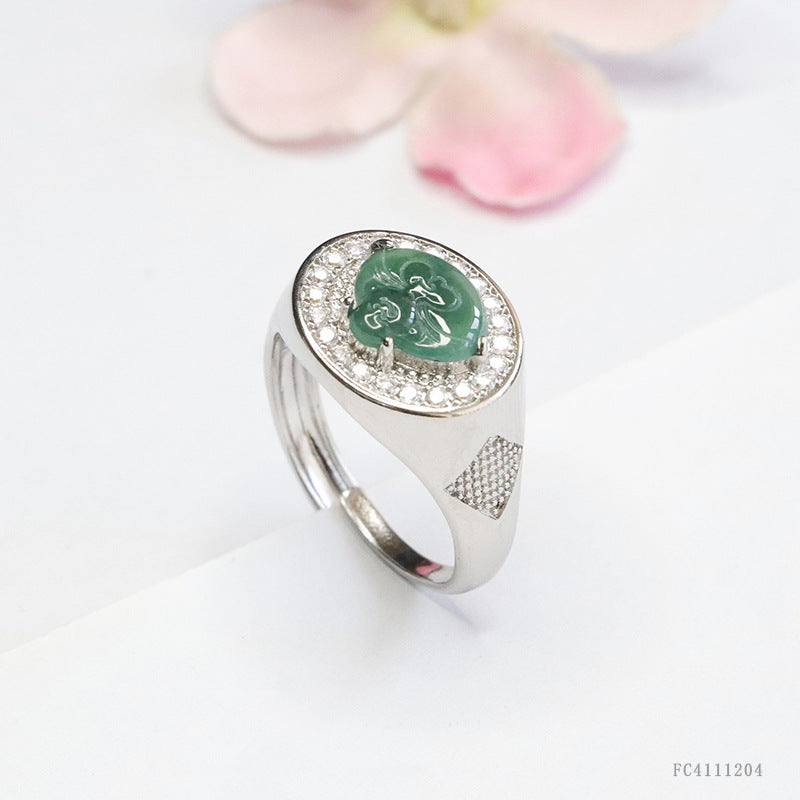 Blue Water Jadeite Buddha Pavé-Style Ring