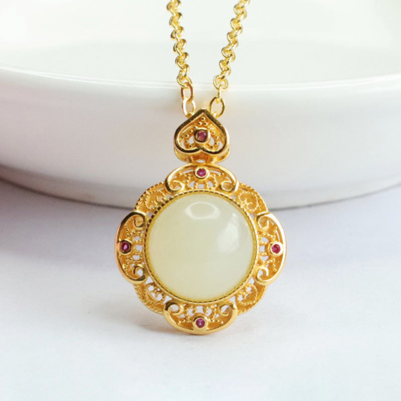 Round Hollow Edge Hetian Jade Necklace with Sterling Silver Chain