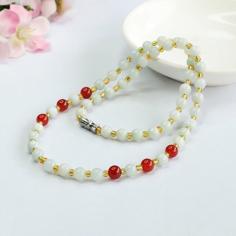 Natural Jade Necklace Red Agate Chain Light Colour Jade Golden Bead Chain