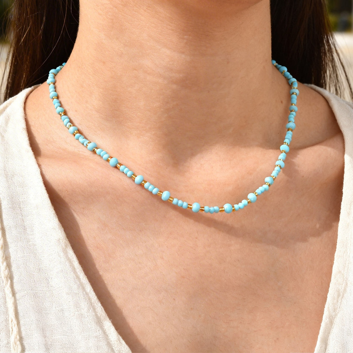 Stainless Steel Blue Rice Bead Gold Bead Necklace Neck Chain Beaded Summer Vacation