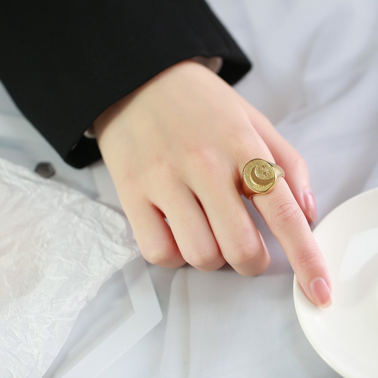 Stainless Steel Star Moon Casting Ring Gold for Ladies