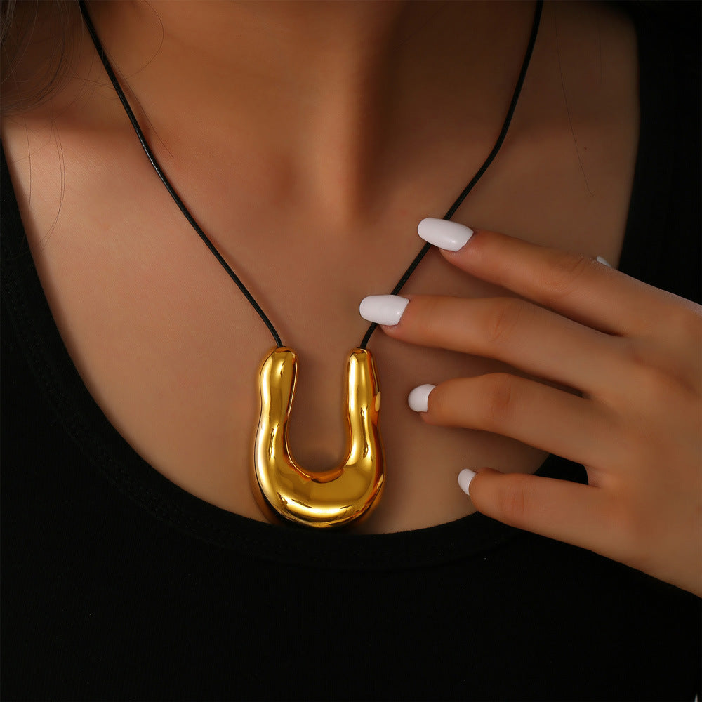 Chic Geometric Pendant Leather Necklace with Titanium Steel Rope