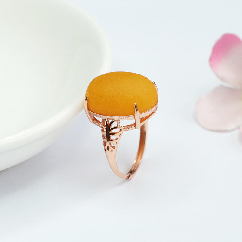 Baltic Amber Sterling Silver Adjustable Ring with Frosted Finish