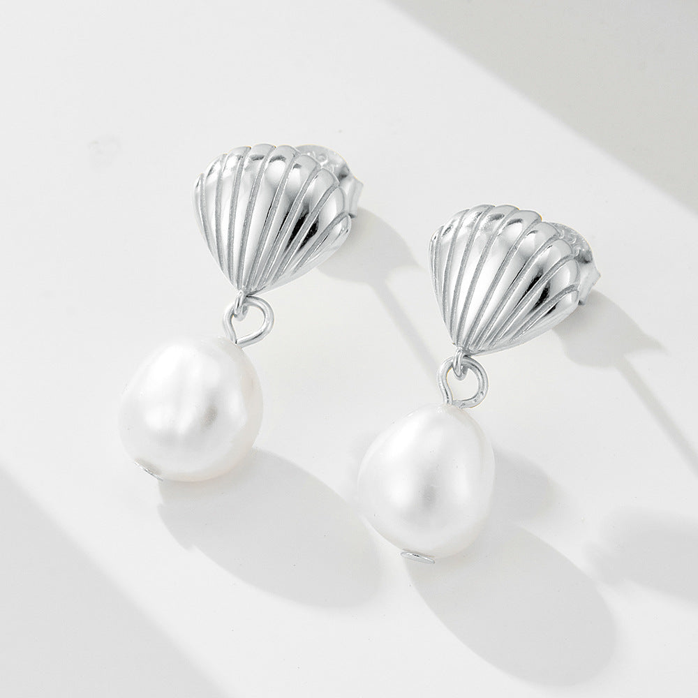 S925 Sterling Silver Shell Natural Irregular Freshwater Pearl Stud Earrings